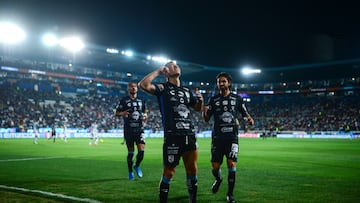       Federico Lertora celebrates his goal 0-1 of Queretaro during the 11th round match between Pachuca and Queretaro as part of the Torneo Clausura 2024 Liga BBVA MX at Hidalgo Stadium on March 09, 2024 in Pachuca, Hidalgo, Mexico.