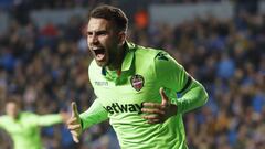 GRAF5050. San Sebasti&aacute;n (Gipuzkoa), 15/03/2019.- El delantero del Levante, Borja Mayoral, celebra el primer gol del equipo levantinista durante el encuentro correspondiente a la jornada 28 de primera divisi&oacute;n que disputan esta noche frente a