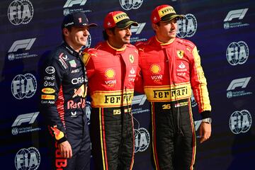 Max Verstappen, Carlos Sainz y Charles Leclerc en el podio del Gran Premio de Italia Fórmula 1.