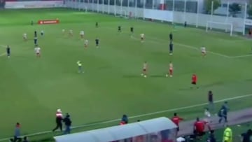 El momento en el que los ultras griegos saltan al terreno de juego con palos