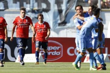 El jugador de Universidad Católica, Nicolas Castillo, izquierda, se lamenta tras el segundo gol de O'Higgins.