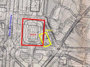 Plano de la construcción del estadio Santiago Bernabéo donde se puede ver el lugar donde se encontraba el antiguo estadio de Chamartin (en la actualidad donde se sitúa La Esquina).