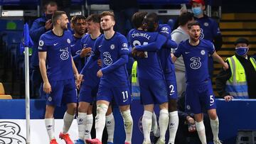 LONDON, ENGLAND - MAY 18: Antonio Ruediger of Chelsea celebrates with Ben Chilwell and team mates after scoring their side's first goal during the Premier League match between Chelsea and Leicester City at Stamford Bridge on May 18, 2021 in London, E