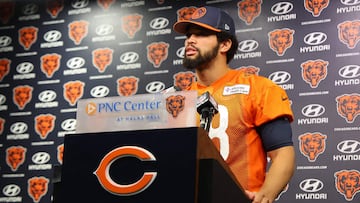 LAKE FOREST, ILLINOIS - MAY 10: Caleb Williams #18 of the Chicago Bears speaks to the media prior to Chicago Bears Rookie Minicamp at Halas Hall on May 10, 2024 in Lake Forest, Illinois. Michael Reaves/Getty Images/AFP (Photo by Michael Reaves / GETTY IMAGES NORTH AMERICA / Getty Images via AFP)