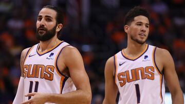 PHOENIX, ARIZONA - OCTOBER 23: Ricky Rubio #11 and Devin Booker #1 of the Phoenix Suns walk on the court during the second half of the NBA game against the Sacramento Kings at Talking Stick Resort Arena on October 23, 2019 in Phoenix, Arizona. The Suns defeated the Kings 124-95. NOTE TO USER: User expressly acknowledges and agrees that, by downloading and/or using this photograph, user is consenting to the terms and conditions of the Getty Images License Agreement   Christian Petersen/Getty Images/AFP
 == FOR NEWSPAPERS, INTERNET, TELCOS &amp; TELEVISION USE ONLY ==