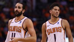 PHOENIX, ARIZONA - OCTOBER 23: Ricky Rubio #11 and Devin Booker #1 of the Phoenix Suns walk on the court during the second half of the NBA game against the Sacramento Kings at Talking Stick Resort Arena on October 23, 2019 in Phoenix, Arizona. The Suns defeated the Kings 124-95. NOTE TO USER: User expressly acknowledges and agrees that, by downloading and/or using this photograph, user is consenting to the terms and conditions of the Getty Images License Agreement   Christian Petersen/Getty Images/AFP
 == FOR NEWSPAPERS, INTERNET, TELCOS &amp; TELEVISION USE ONLY ==