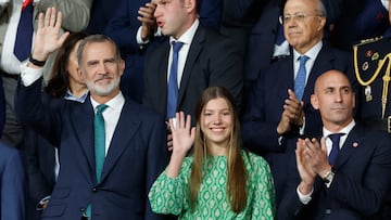 SEVILLA, 06/05/2023.- El Rey Felipe VI (i) acompañado por la infanta Sofía (c), Luis Rubiales (d), presidente de la RFEF, y otras personalidades ocupan el palco de honor durante el partido final de la Copa del Rey que disputan hoy sábado Real Madrid y Osasuna en el estadio de La Cartuja de Sevilla. EFE/ Julio Munoz
