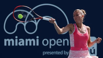 Mar 21, 2023; Miami, Florida, US; Camila Giorgi (ITA) hits a forehand against Kaia Kanepi (EST) (not pictured) during a on day two of the Miami Open at Hard Rock Stadium. Mandatory Credit: Geoff Burke-USA TODAY Sports