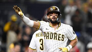 Jun 23, 2025; San Diego, California, USA; San Diego Padres right fielder Fernando Tatis Jr. (23) celebrates after hitting a solo home run during the ninth inning against the Washington Nationals at Petco Park. Mandatory Credit: Denis Poroy-Imagn Images