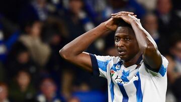 Real Sociedad's Nigerian forward #19 Umar Sadiq reacts during the Spanish league football match between Real Sociedad and Real Betis at the Anoeta stadium in San Sebastian on December 17, 2023. (Photo by ANDER GILLENEA / AFP)