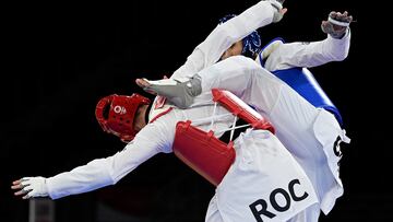 Imagen de un combate de taekwondo con un taekwondista ruso.