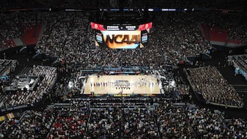 A general view of the national anthem before the NCAA Men's Basketball Tournament National Championship game between the Purdue Boilermakers and the Connecticut Huskies