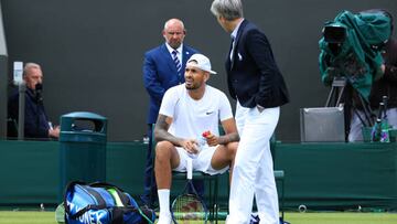 LONDON, ENGLAND - JUNE 28: Nick Kyrgios (AUS) complains during his Gentlemen's Singles 1st Round match against Paul Jubb (GBR) during day two of The Championships Wimbledon 2022 at All England Lawn Tennis and Croquet Club on June 28, 2022 in London, England. (Photo by Simon Stacpoole/Offside/Offside via Getty Images)