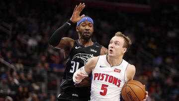 Jan 16, 2019; Detroit, MI, USA; Detroit Pistons guard Luke Kennard (5) controls the ball as Orlando Magic guard Terrence Ross (31) defends during the fourth quarter at Little Caesars Arena. Mandatory Credit: Raj Mehta-USA TODAY Sports