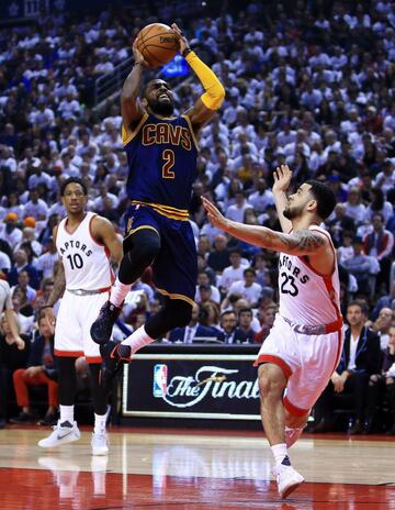 Kyrie Irving #2 of the Cleveland Cavaliers shoots the ball as Fred VanVleet #23 of the Toronto Raptors defends.