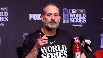 Arizona Diamondbacks manager Torey Lovullo speaks to the media before the 2023 World Series against the Texas Rangers at Globe Life Field.