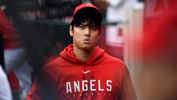 ANAHEIM, CA - APRIL 12: Shohei Ohtani #17 of the Los Angeles Angels in the dugout during the game against Washington Nationals at Angel Stadium of Anaheim on April 12, 2023 in Anaheim, California. Kevork Djansezian/Getty Images/AFP (Photo by KEVORK DJANSEZIAN / GETTY IMAGES NORTH AMERICA / Getty Images via AFP)