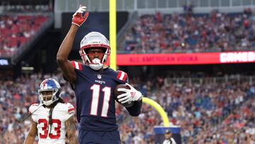 FOXBOROUGH, MASSACHUSETTS - AUGUST 11: Tyquan Thornton #11 of the New England Patriots celebrates after scoring a touchdown during the preseason game between the New York Giants and the New England Patriots at Gillette Stadium on August 11, 2022 in Foxborough, Massachusetts.   Maddie Meyer/Getty Images/AFP
== FOR NEWSPAPERS, INTERNET, TELCOS & TELEVISION USE ONLY ==