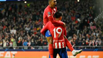 Atletico Madrid's Spanish forward #19 Alvaro Morata celebrates scoring his team's fifth goal, with Atletico Madrid's Brazilian forward #12 Samuel Lino, during the UEFA Champions League group E football match between Club Atletico de Madrid and Celtic at the Metropolitano stadium in Madrid on November 7, 2023. (Photo by JAVIER SORIANO / AFP)