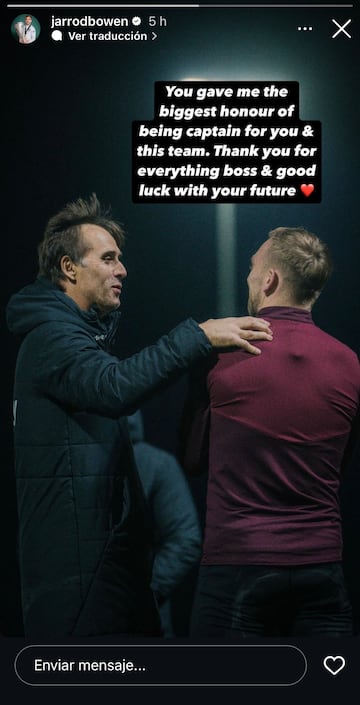 Mensaje de despedida de Jarrod Bowen, jugador del West Ham, a Julen Lopetegui en redes sociales.