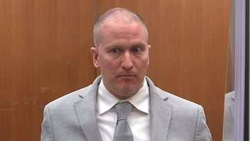 FILE PHOTO: Former Minneapolis police officer Derek Chauvin addresses his sentencing hearing and the judge as he awaits his sentence after being convicted of murder in the death of George Floyd in Minneapolis, Minnesota, U.S. June 25, 2021 in a still image from video. Pool via REUTERS/File Photo