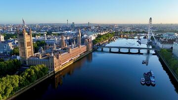 Drone view of the Houses of Parliament in London, UK.