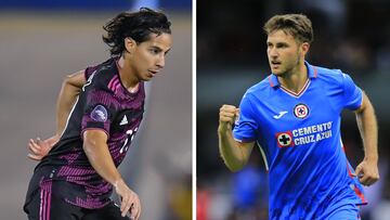 Diego Lainez (izq) y Santiago Giménez (der) durante un partido con Selección Mexicana y Cruz Azul respectivamente.