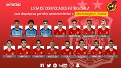 Lista de convocados por Jos&eacute; Venancio para los encuentros amistosos de la selecci&oacute;n espa&ntilde;ola de f&uacute;tbol sala ante Montenegro y Ucrania.