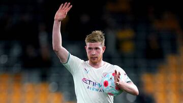 Manchester City's Kevin De Bruyne waves to the fans at the end of the Premier League match at the Molineux Stadium, Wolverhampton. Picture date: Wednesday May 11, 2022. (Photo by Nick Potts/PA Images via Getty Images)