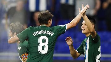 BARCELONA, SPAIN - AUGUST 15: Wu Lei of RCD Espanyol celebrates scoring the opening goal in the 2nd minute during the UEFA Europa League Third Qualifying Round Second Leg match between RCD Espanyol and Luzern at on August 15, 2019 in Barcelona, Spain. (P