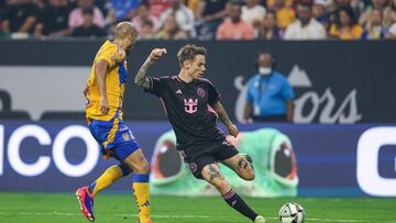 Aug 3, 2024; Houston, Texas, USA; Inter Miami CF midfielder Robert Taylor (16) kicks the ball as Tigres UANL midfielder Guido Pizarro (19) defends during the first half at NRG Stadium. Mandatory Credit: Troy Taormina-USA TODAY Sports