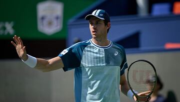 Chile�s Nicolas Jarry reacts after a point against Argentina�s Diego Schwartzman during their men's singles match at the Shanghai Masters tennis tournament on October 11, 2023.