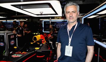 Manchester United manager Jose Mourinho of Portugal in the Red Bull Racing garage during qualifying for the Monaco Formula One Grand Prix at Circuit de Monaco on May 27, 2017 in Monte-Carlo, Monaco.