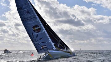 (FILES) This file photo taken on November 06, 2016 shows
French skipper Sebastien Josse sailin his Class Imoca monohull "Edmond de Rothschild" after the start of the Vendee Globe around-the-world solo sailing race off Les Sables d'Olonne, western France.
Sebastien Josse abandoned on December 7, 2016the Vendee Globe two days after his boat suffered damages. / AFP PHOTO / LOIC VENANCE