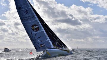 (FILES) This file photo taken on November 06, 2016 shows 
 French skipper Sebastien Josse sailin his Class Imoca monohull &quot;Edmond de Rothschild&quot; after the start of the Vendee Globe around-the-world solo sailing race off Les Sables d&#039;Olonne, western France.        
 Sebastien Josse abandoned on December 7, 2016the Vendee Globe two days after his boat suffered damages. / AFP PHOTO / LOIC VENANCE