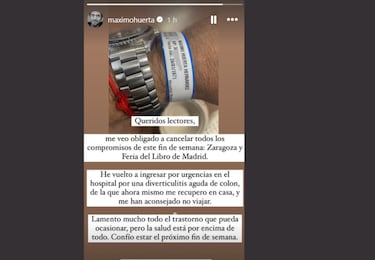 M¨¢ximo Huerta, ingresado de urgencia por una diverticulitis aguda