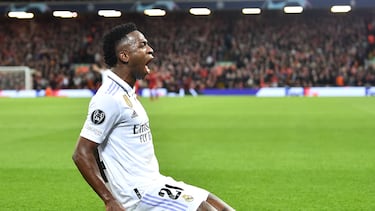 Liverpool (United Kingdom), 21/02/2023.- Vinicius Junior of Real Madrid celebrates after scoring his second goal during the UEFA Champions League, Round of 16, 1st leg match between Liverpool FC and Real Madrid in Liverpool, Britain, 21 February 2023. (Liga de Campeones, Reino Unido) EFE/EPA/Peter Powell