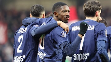 Paris Saint-Germain's French forward #10 Ousmane Dembele (C) celebrates after scoring a goal during the French L1 football match between Stade Brestois 29 (Brest) and Paris Saint-Germain (PSG) at Stade Francis-Le Ble in Brest, western France, on February 1, 2025. (Photo by Fred TANNEAU / AFP)