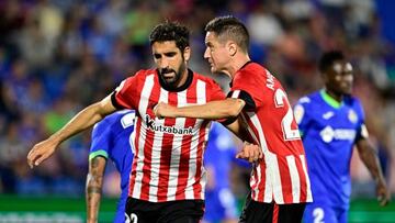 Athletic Bilbao's Spanish midfielder Raul Garcia (L) celebrates with teammates after scoring his team's second goal during the Spanish League football match between Getafe CF and Athletic Club Bilbao at the Col. Alfonso Perez stadium in Getafe on October 18, 2022. (Photo by JAVIER SORIANO / AFP) (Photo by JAVIER SORIANO/AFP via Getty Images)