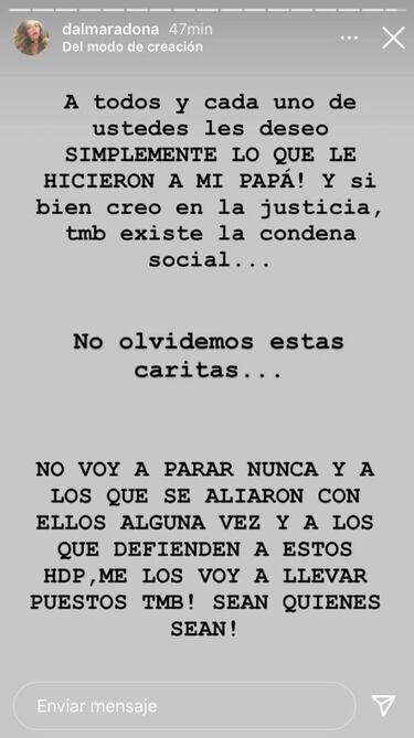 Los fuertes mensajes de Dalma Maradona contra Morla, Luque y el "entorno" de Diego