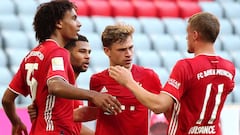 Munich (Germany), 13/06/2020.- Joshua Zirkzee (L) of Bayern Munich celebrates scoring the opening goal with teammates (2L-R) Serge Gnabry, Joshua Kimmich and Mickael Cuisance during theGerman Bundesliga soccer match between FC Bayern Muenchen and Borussia