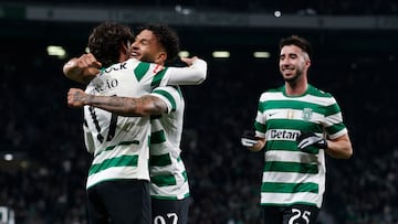 Sporting Lisbon's Colombian forward #97 Luis Suarez celebrates scoring his team's fourth goal during the Portuguese League football match between Sporting CP and Rio Ave FC at Jose Alvalade stadium in Lisbon on December 28, 2025. (Photo by FILIPE AMORIM / AFP)