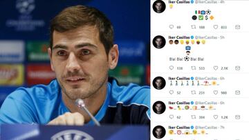 Im¨¢genes de Iker Casillas en una rueda de prensa y captura de sus mensajes de emoticonos en Twitter.