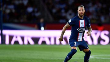 PARIS, FRANCE - AUGUST 13: Sergio Ramos of Paris Saint-Germain runs with the ball during the Ligue 1 match between Paris Saint-Germain and Montpellier HSC at Parc des Princes on August 13, 2022 in Paris, France. (Photo by Aurelien Meunier - PSG/PSG via Getty Images)