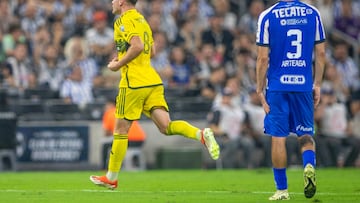 Columbus Crew's Aidan Morris celebrates after scoring a goal during the Concacaf Champions Cup semi-final second leg football match between Mexico's Monterrey and USA's Columbus Crew at the BBVA Bancomer stadium in Monterrey, Mexico on May 1, 2024. (Photo by Julio Cesar AGUILAR / AFP)