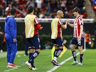 Armando Gonzalez celebrates his goal 3-0 with Javier Chicharito Hernandez of Guadalajara during the round one second leg match between Guadalajara and Cibao FC as part of the CONCACAF Champions Cup 2025, at Akron Stadium on February 12, 2025 in Guadalajara, Jalisco, Mexico.