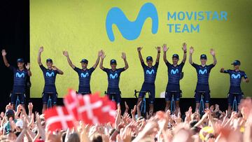 Movistar Team riders attends the team's presentation two days ahead of the first stage of the 109th edition of the Tour de France cycling race, in Copenhagen, in Denmark, on June 29, 2022. (Photo by Thomas SAMSON / AFP)