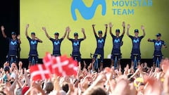 Movistar Team riders attends the team's presentation two days ahead of the first stage of the 109th edition of the Tour de France cycling race, in Copenhagen, in Denmark, on June 29, 2022. (Photo by Thomas SAMSON / AFP)
