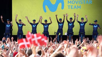 Movistar Team riders attends the team's presentation two days ahead of the first stage of the 109th edition of the Tour de France cycling race, in Copenhagen, in Denmark, on June 29, 2022. (Photo by Thomas SAMSON / AFP)