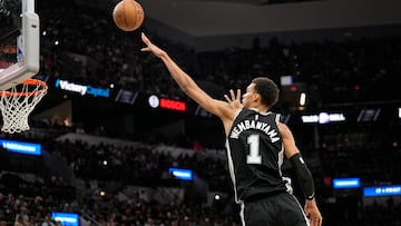 Mar 11, 2024; San Antonio, Texas, USA; San Antonio Spurs forward Victor Wembanyama (1) shoots during the second half against the Golden State Warriors at Frost Bank Center. Mandatory Credit: Scott Wachter-USA TODAY Sports